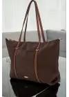 Lacey Kahve-Taba Şeritli Shopper Kadın Omuz Çantası