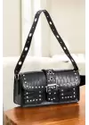 Elenor Black Crocodile Womens Shoulder Bag with Staple Detail