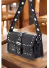 Elenor Black Crocodile Womens Shoulder Bag with Staple Detail