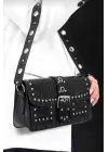 Elenor Black Crocodile Womens Shoulder Bag with Staple Detail