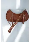 Boho Brown Zipper Detailed Baguette Womens Shoulder Bag