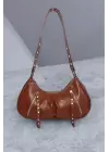 Boho Brown Zipper Detailed Baguette Womens Shoulder Bag