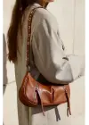 Boho Brown Zipper Detailed Baguette Womens Shoulder Bag