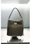 Scarlet Khaki Tassel Detailed Womens Shoulder Bag