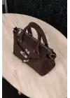 Harmony Bitter Brown Suede Mini Womens Handbag and Shoulder Bag with Front Lock Detail