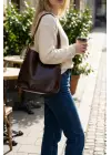 Shine Acı Kahve Yan Metal Detaylı Kırışık Desen Shopper Omuz Çantası