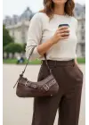 Casey Acı Kahve Süet-Cilt Kemer Detaylı Kadın Baget Omuz Çantası