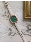 İsabelle Krem Deri Kordonlu Yeşil Kare Minimal Kadın Kol Saati
