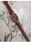 Lavinya Premium Su Geçirmez Bordo Kroko Deri Kordonlu Gold Taşlı Kasa Bordo Kadran Romen Rakamlı Vintage Kadın Kol Saati