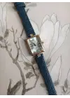 Lavinya Premium Su Geçirmez Lacivert Kroko Deri Kordonlu Gold Taşlı Kasa Beyaz Kadran Romen Rakamlı Vintage Kadın Kol Saati