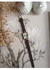 Lavinya Premium Su Geçirmez Kahve Kroko Deri Kordonlu Gold Taşlı Kasa Beyaz Kadran Romen Rakamlı Vintage Kadın Kol Saati