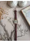 Elira Bordo Kordon Beyaz Kardan Kare Vintage Kadın Kol Saati