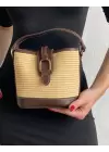 Alin Hasır Kahve Kontrast Kova Model Kadın Omuz Çantası