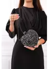 Cara Siyah-Gümüş Taşlı Yüzük Kapamalı Clutch Abiye Portföy Çanta