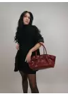 Celina Bordo Kırışık Deri Kilit Detay Büyük Boy Kadın Omuz Çantası