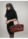 Celina Bordo Kırışık Deri Kilit Detay Büyük Boy Kadın Omuz Çantası