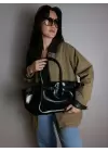 Celina Siyah Kırışık Deri Kilit Detay Büyük Boy Kadın Omuz Çantası