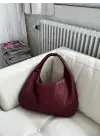 Ellevo Bordo Cilt Sık Örgü Fermuar Kapamalı Kadın El Ve Omuz Çantası