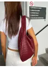 Ellevo Bordo Cilt Sık Örgü Fermuar Kapamalı Kadın El Ve Omuz Çantası