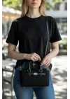 Harmony Black Suede Mini Womens Handbag and Shoulder Bag with Front Lock Detail