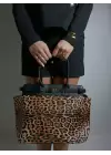 Hitit Leopar Siyah Kemer Detaylı Fermuar Kapama Kadın Omuz Çantası