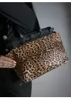 Hitit Leopar Siyah Kemer Detaylı Fermuar Kapama Kadın Omuz Çantası