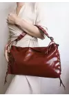 Iconic Claret Red Wrinkled Rope Detailed Baguette Womens Shoulder Bag
