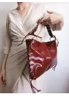 Iconic Claret Red Wrinkled Rope Detailed Baguette Womens Shoulder Bag