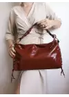 Iconic Claret Red Wrinkled Rope Detailed Baguette Womens Shoulder Bag