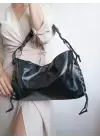 Iconic Black Wrinkled Rope Detailed Baguette Womens Shoulder Bag