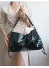 Iconic Black Wrinkled Rope Detailed Baguette Womens Shoulder Bag