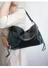 Iconic Black Wrinkled Rope Detailed Baguette Womens Shoulder Bag