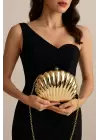 Josiana Gold Oyster Model Chain Strap Textured Clutch Evening Dress Portfolio Bag