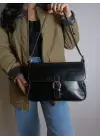 Kleopatra Siyah Yumuşak Deri Çift Askılı Vintage Kadın El Ve Omuz Çantası