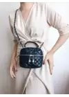 Leslie Navy Blue Quilted Pattern Box Model Womens Shoulder Bag