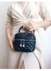 Leslie Navy Blue Quilted Pattern Box Model Womens Shoulder Bag
