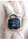 Leslie Navy Blue Quilted Pattern Box Model Womens Shoulder Bag