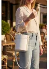 Margaret White Drawstring Closure Double Strap Bucket Model Womens Hand and Shoulder Bag
