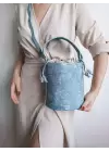 Margaret Denim Drawstring Closure Double Strap Bucket Model Womens Hand and Shoulder Bag
