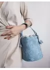 Margaret Denim Drawstring Closure Double Strap Bucket Model Womens Hand and Shoulder Bag