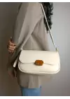 Mina Cream Soft Leather Design Lock Double Strap Womens Shoulder Bag