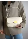 Mina Cream Soft Leather Design Lock Double Strap Womens Shoulder Bag