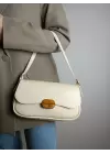 Mina Cream Soft Leather Design Lock Double Strap Womens Shoulder Bag