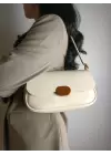 Mina Cream Soft Leather Design Lock Double Strap Womens Shoulder Bag