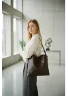 Nastroy Büyük Boy Kemer Detaylı Çıt Çıt Kapamalı Shopper Acı Kahve Cilt Trend Kadın Omuz Çantası