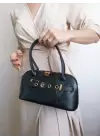 Princess Black Wrinkled Skin Baguette Womens Shoulder Bag