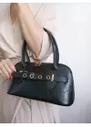 Princess Black Wrinkled Skin Baguette Womens Shoulder Bag