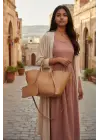 Robin Camel Rengi Cilt Big Shopper Cüzdanlı Kadın Omuz Çantası