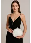 Rosalie Beyaz Sedefli Deniz Kabuğu Model Zincir Askılı Dokulu Clutch Abiye Portföy Çanta