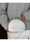 Rosalie Beyaz Sedefli Deniz Kabuğu Model Zincir Askılı Dokulu Clutch Abiye Portföy Çanta
